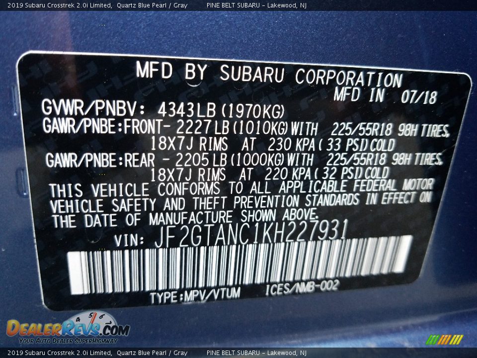 2019 Subaru Crosstrek 2.0i Limited Quartz Blue Pearl / Gray Photo #9