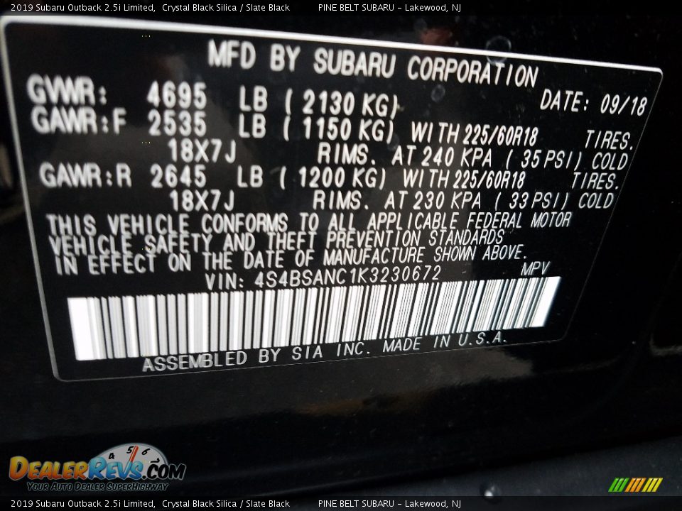 2019 Subaru Outback 2.5i Limited Crystal Black Silica / Slate Black Photo #9