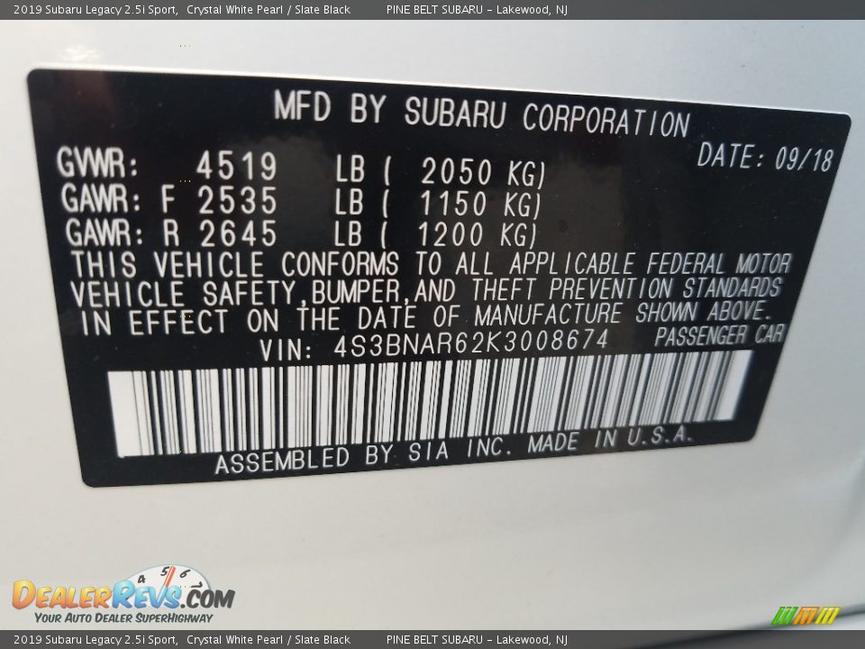 2019 Subaru Legacy 2.5i Sport Crystal White Pearl / Slate Black Photo #9