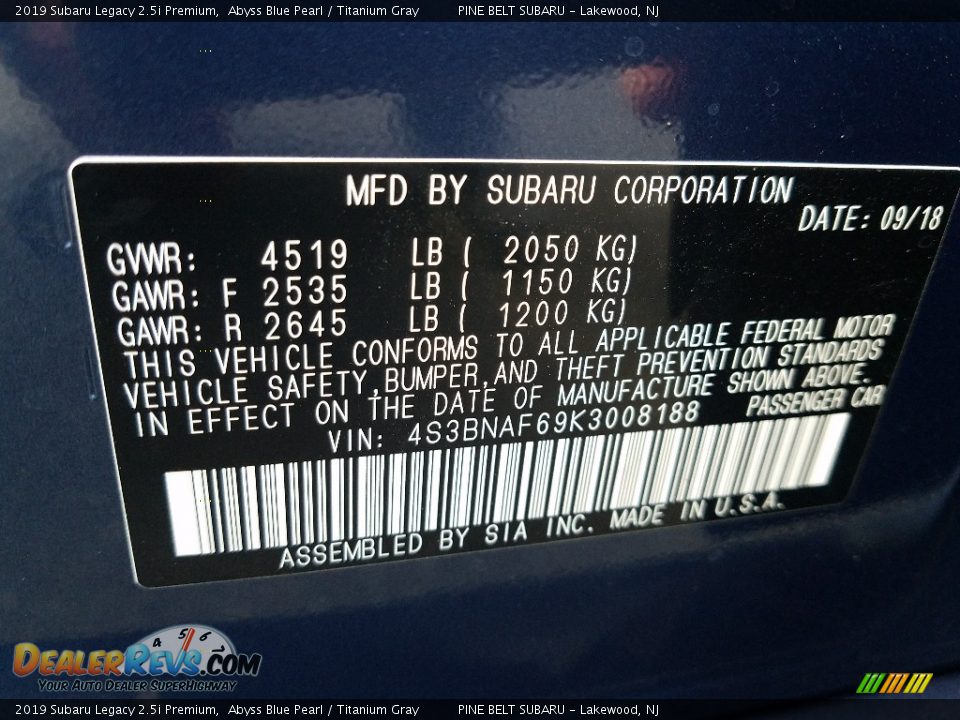 2019 Subaru Legacy 2.5i Premium Abyss Blue Pearl / Titanium Gray Photo #9