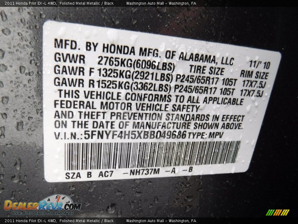 2011 Honda Pilot EX-L 4WD Polished Metal Metallic / Black Photo #27
