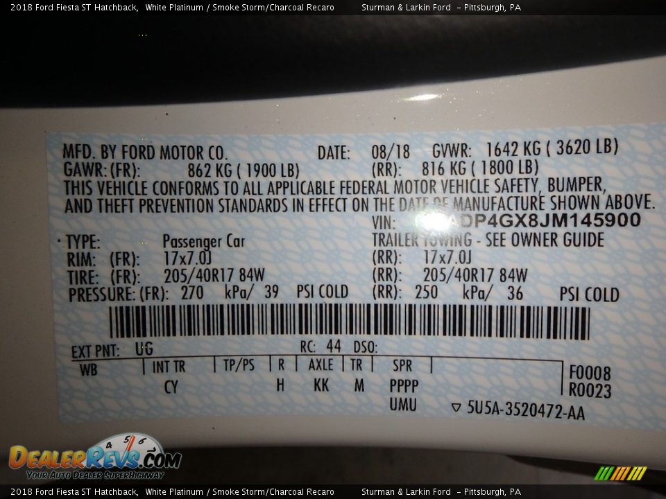 2018 Ford Fiesta ST Hatchback White Platinum / Smoke Storm/Charcoal Recaro Photo #10