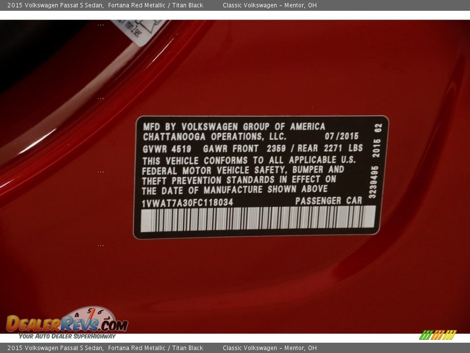 2015 Volkswagen Passat S Sedan Fortana Red Metallic / Titan Black Photo #19