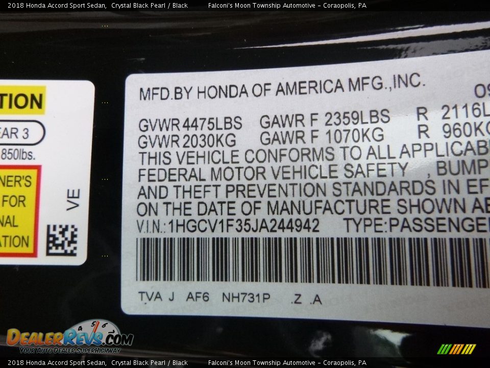 2018 Honda Accord Sport Sedan Crystal Black Pearl / Black Photo #13