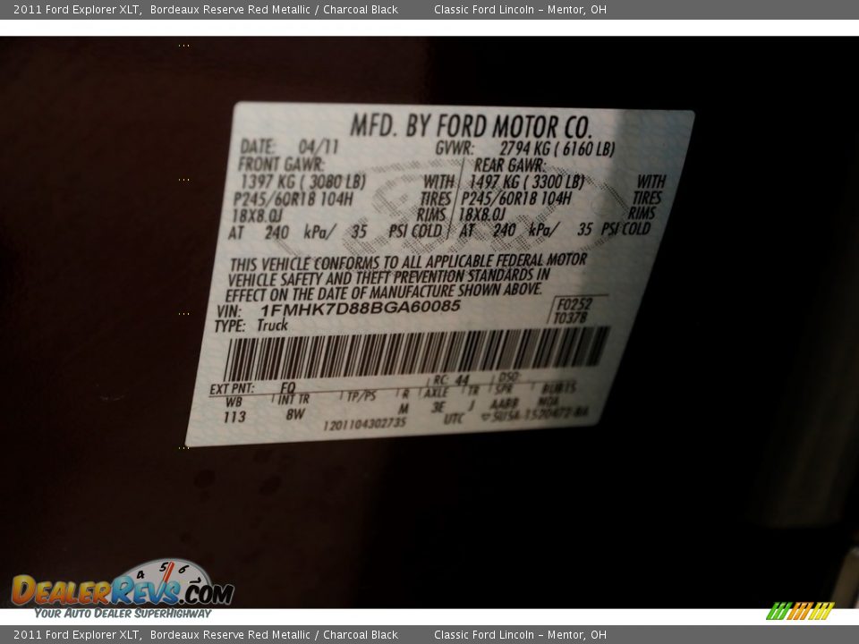 2011 Ford Explorer XLT Bordeaux Reserve Red Metallic / Charcoal Black Photo #28