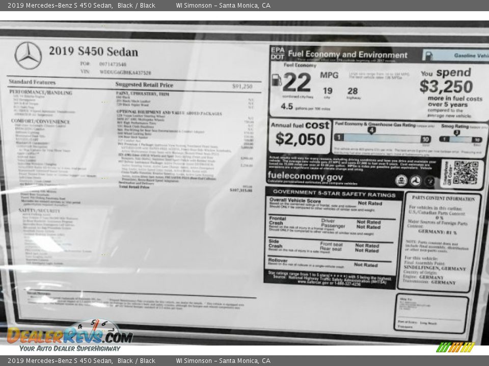 2019 Mercedes-Benz S 450 Sedan Window Sticker Photo #10