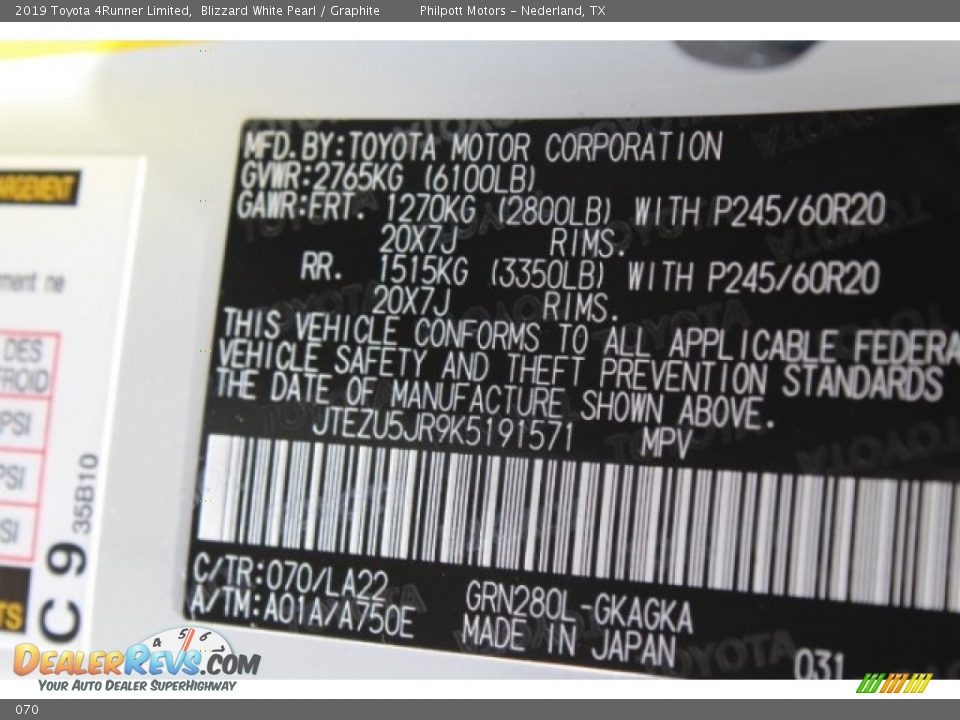 Toyota Color Code 070 Blizzard White Pearl