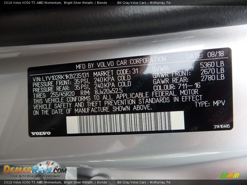 2019 Volvo XC60 T5 AWD Momentum Bright Silver Metallic / Blonde Photo #11