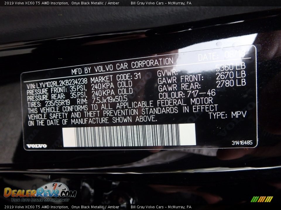 2019 Volvo XC60 T5 AWD Inscription Onyx Black Metallic / Amber Photo #11