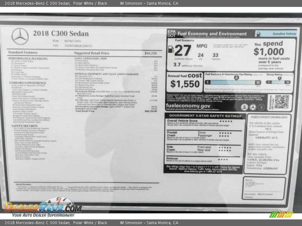 2018 Mercedes-Benz C 300 Sedan Polar White / Black Photo #10