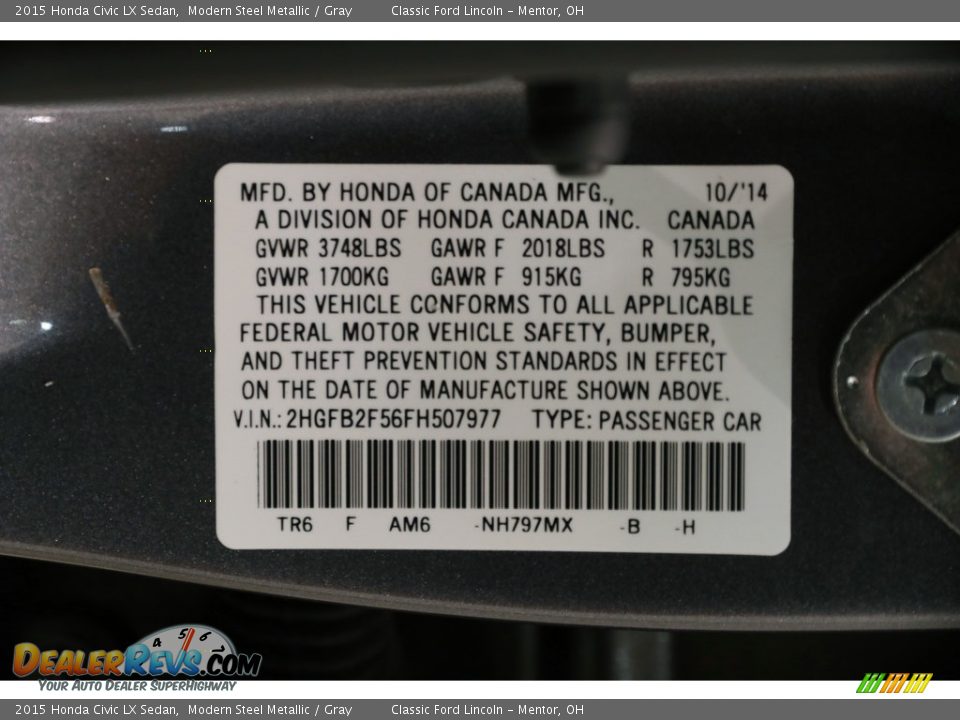 2015 Honda Civic LX Sedan Modern Steel Metallic / Gray Photo #20