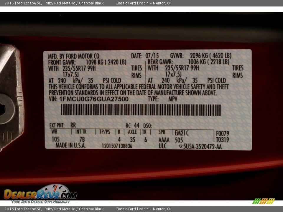 2016 Ford Escape SE Ruby Red Metallic / Charcoal Black Photo #16