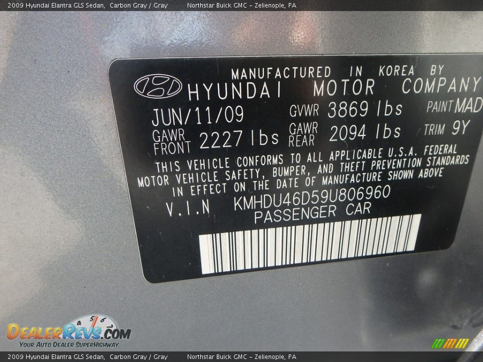 2009 Hyundai Elantra GLS Sedan Carbon Gray / Gray Photo #20