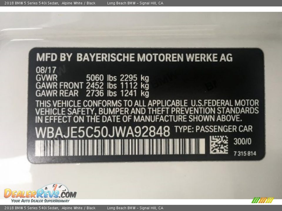 2018 BMW 5 Series 540i Sedan Alpine White / Black Photo #22