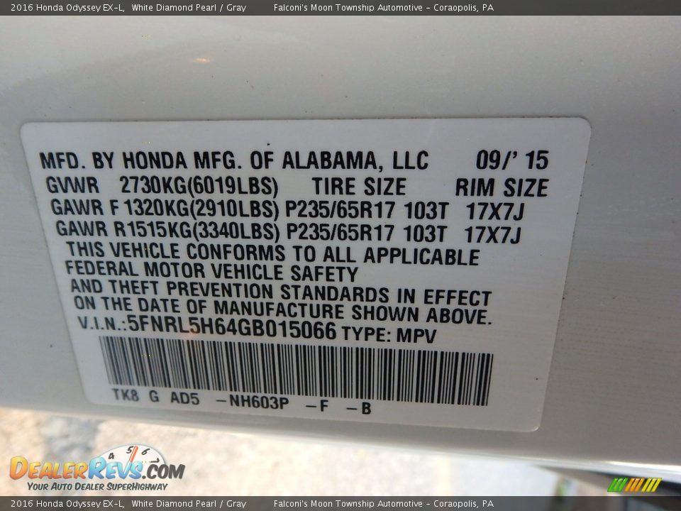 2016 Honda Odyssey EX-L White Diamond Pearl / Gray Photo #23