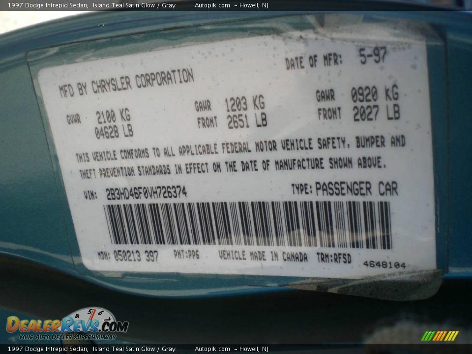1997 Dodge Intrepid Sedan Island Teal Satin Glow / Gray Photo #17