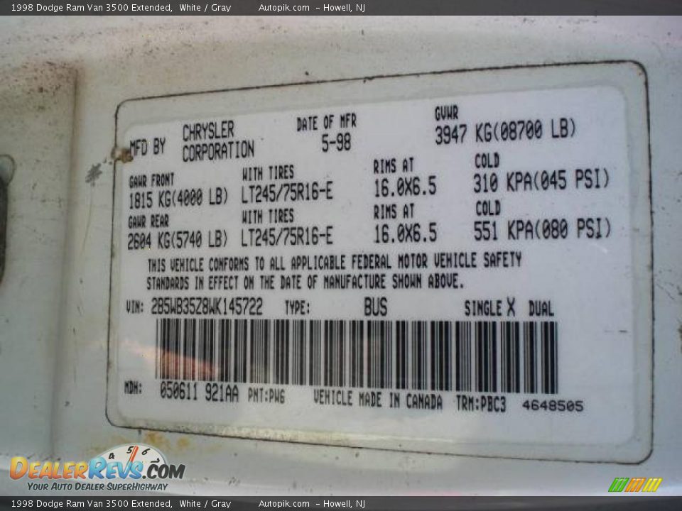 1998 Dodge Ram Van 3500 Extended White / Gray Photo #13