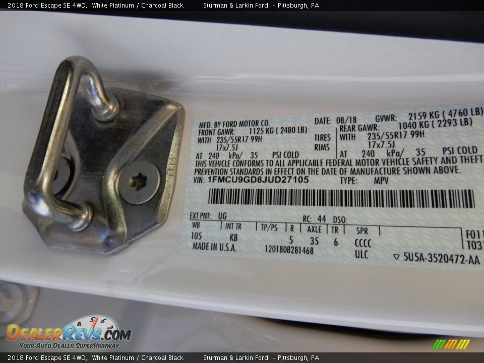 2018 Ford Escape SE 4WD White Platinum / Charcoal Black Photo #11