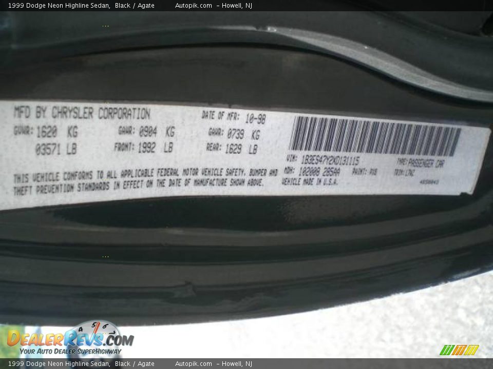 1999 Dodge Neon Highline Sedan Black / Agate Photo #18