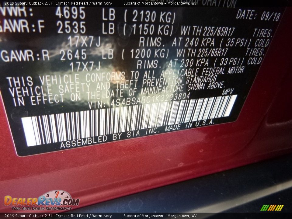 2019 Subaru Outback 2.5i Crimson Red Pearl / Warm Ivory Photo #14