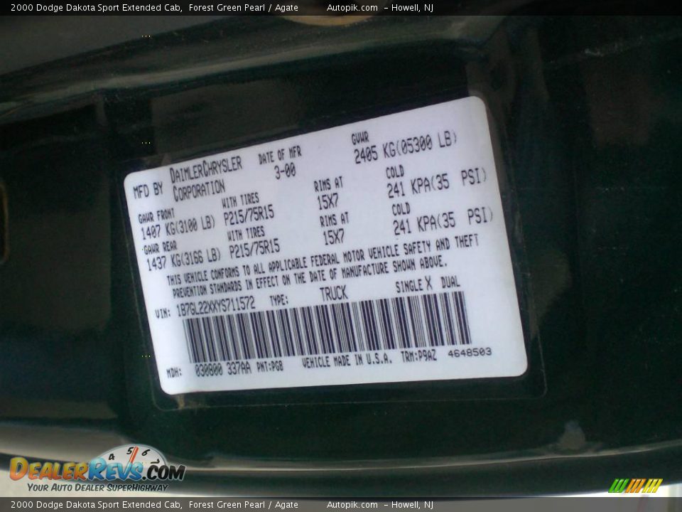 2000 Dodge Dakota Sport Extended Cab Forest Green Pearl / Agate Photo #16