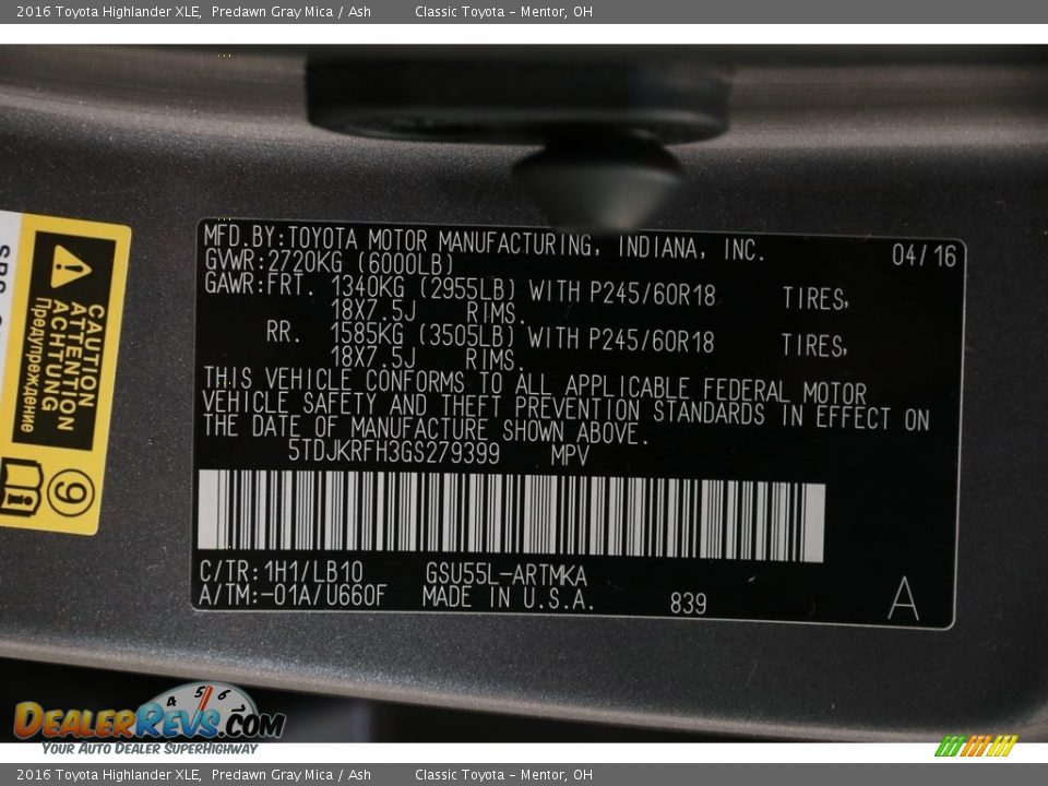 2016 Toyota Highlander XLE Predawn Gray Mica / Ash Photo #24