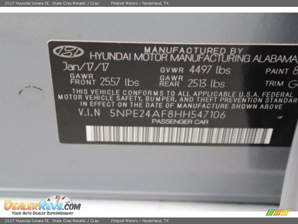 2017 Hyundai Sonata SE Shale Gray Metallic / Gray Photo #34