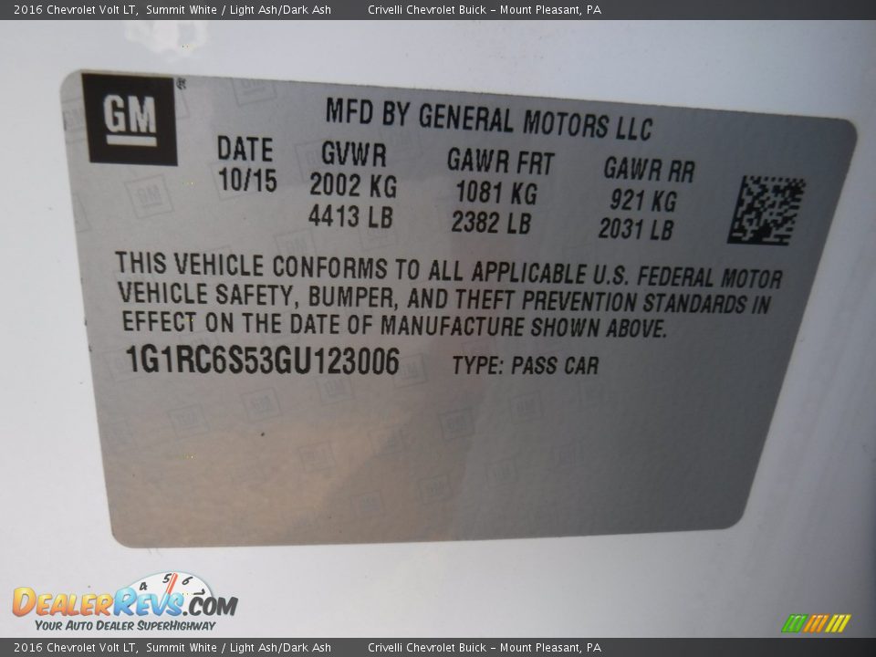 2016 Chevrolet Volt LT Summit White / Light Ash/Dark Ash Photo #33