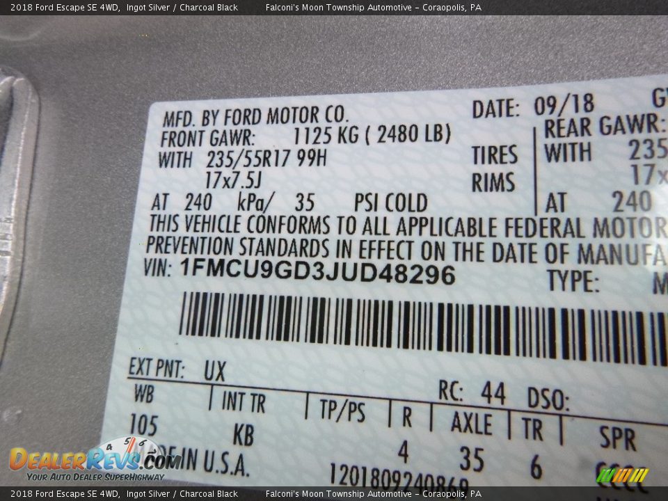 2018 Ford Escape SE 4WD Ingot Silver / Charcoal Black Photo #12