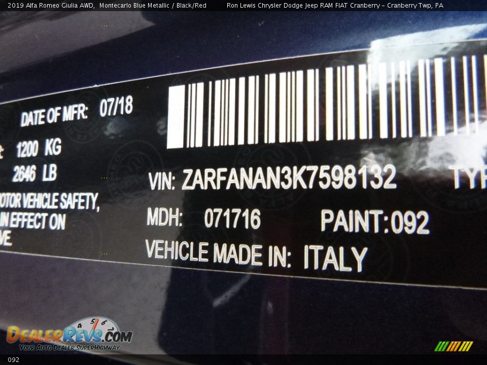 Alfa Romeo Color Code 092 Montecarlo Blue Metallic