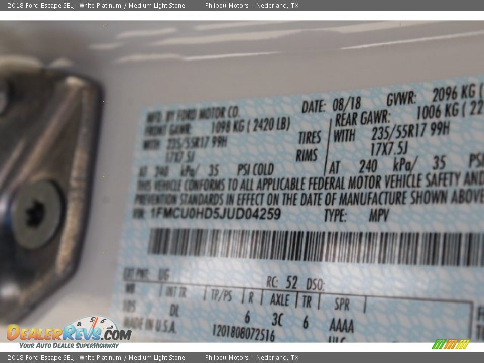 2018 Ford Escape SEL White Platinum / Medium Light Stone Photo #36