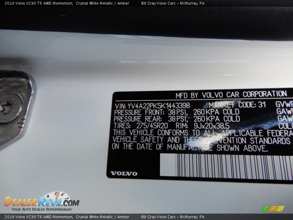 2019 Volvo XC90 T6 AWD Momentum Crystal White Metallic / Amber Photo #11