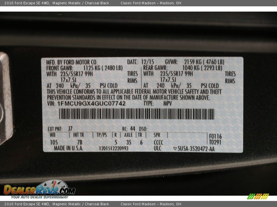 2016 Ford Escape SE 4WD Magnetic Metallic / Charcoal Black Photo #20