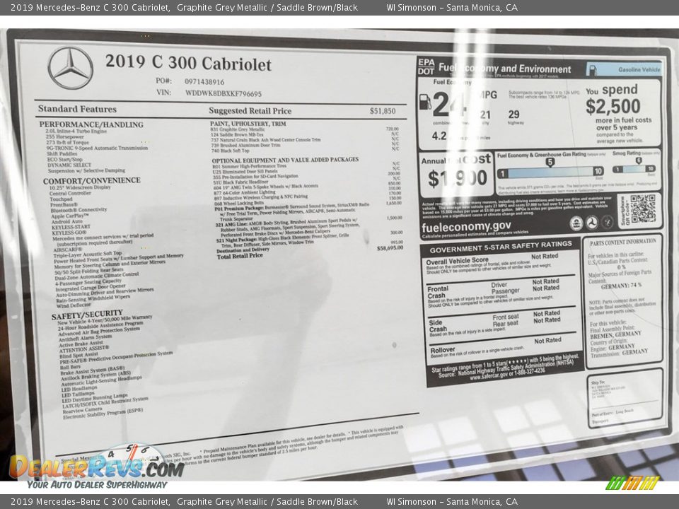 2019 Mercedes-Benz C 300 Cabriolet Window Sticker Photo #10