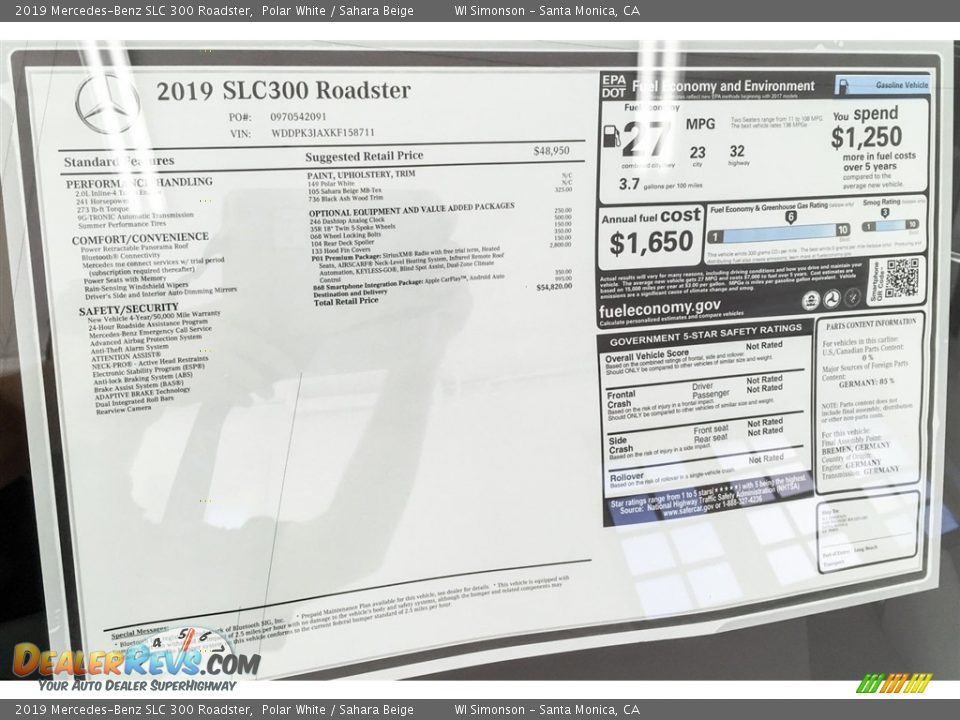 2019 Mercedes-Benz SLC 300 Roadster Window Sticker Photo #10