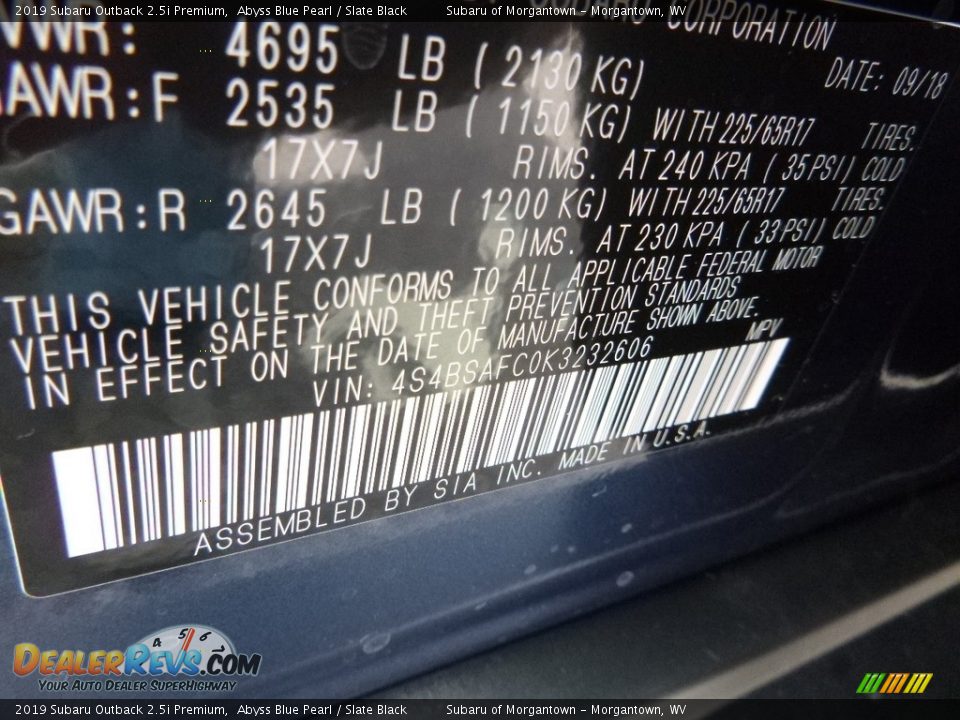 2019 Subaru Outback 2.5i Premium Abyss Blue Pearl / Slate Black Photo #15