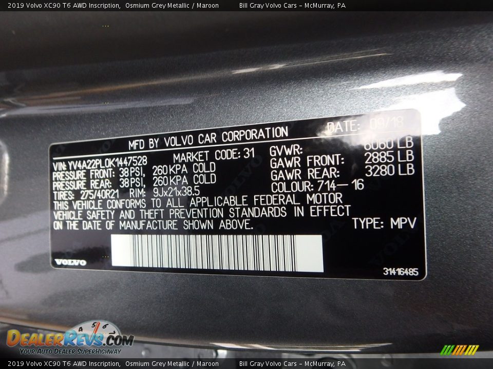 2019 Volvo XC90 T6 AWD Inscription Osmium Grey Metallic / Maroon Photo #12