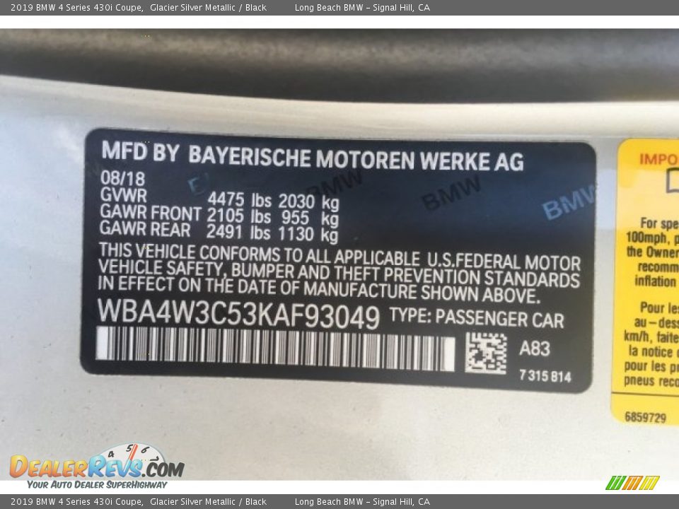 2019 BMW 4 Series 430i Coupe Glacier Silver Metallic / Black Photo #10