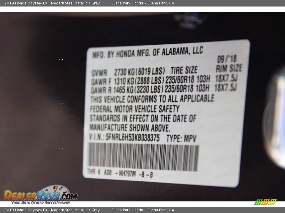 2019 Honda Odyssey EX Modern Steel Metallic / Gray Photo #18