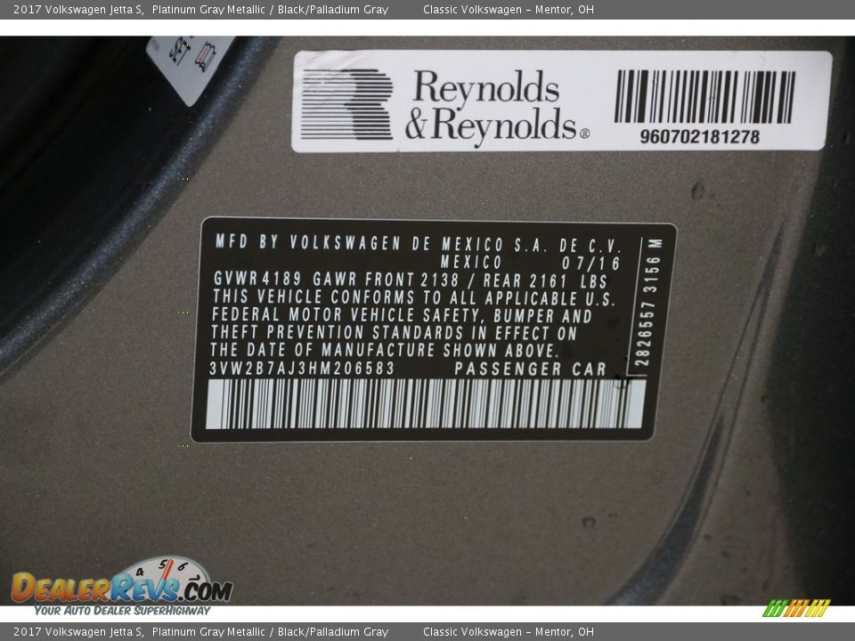 2017 Volkswagen Jetta S Platinum Gray Metallic / Black/Palladium Gray Photo #20