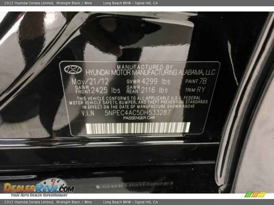 2013 Hyundai Sonata Limited Midnight Black / Wine Photo #20