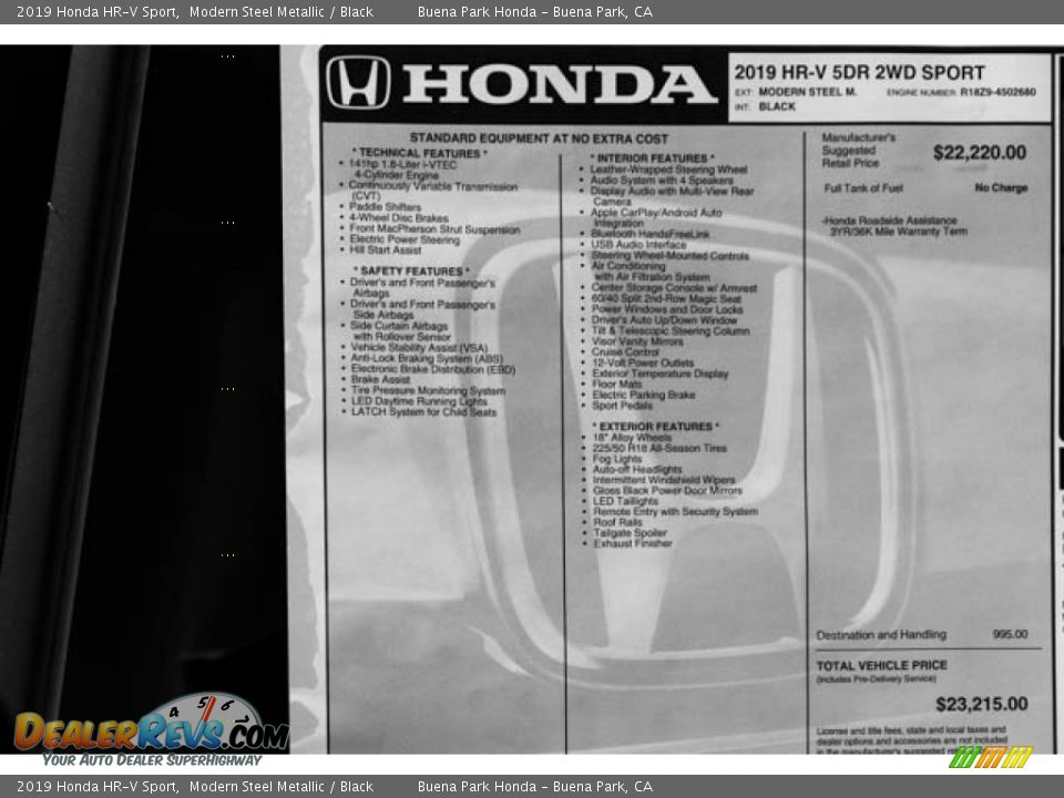 2019 Honda HR-V Sport Modern Steel Metallic / Black Photo #33