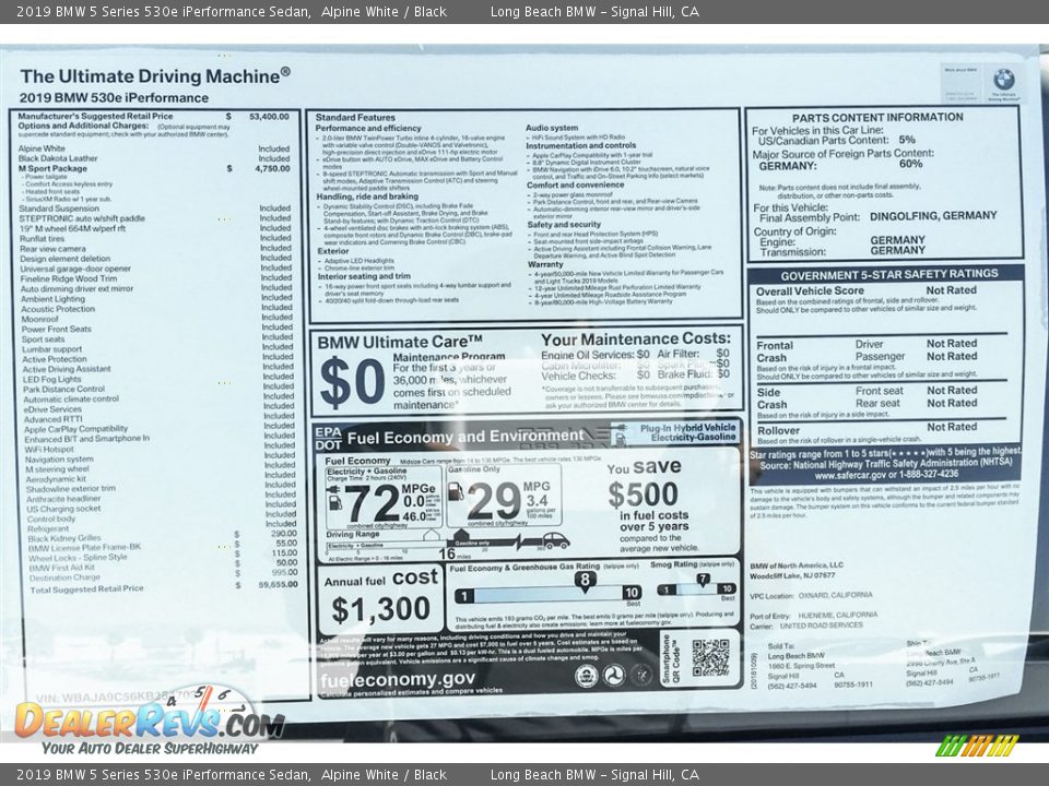 2019 BMW 5 Series 530e iPerformance Sedan Alpine White / Black Photo #10