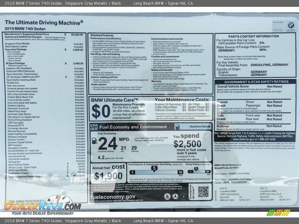 2019 BMW 7 Series 740i Sedan Window Sticker Photo #10