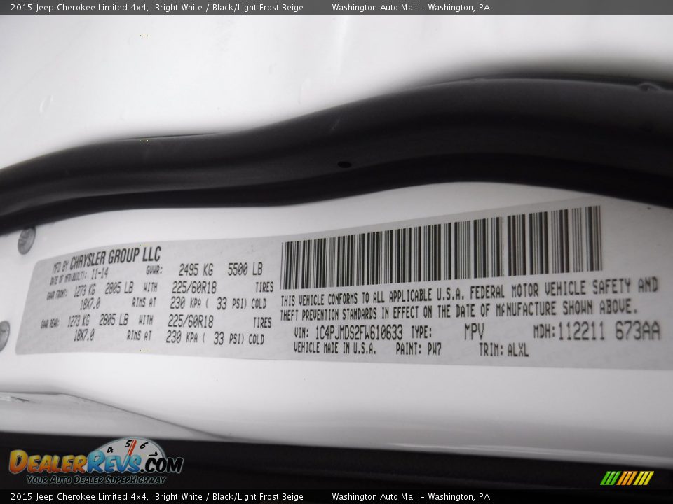 2015 Jeep Cherokee Limited 4x4 Bright White / Black/Light Frost Beige Photo #27