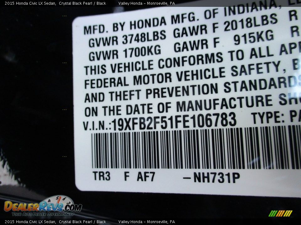 2015 Honda Civic LX Sedan Crystal Black Pearl / Black Photo #19