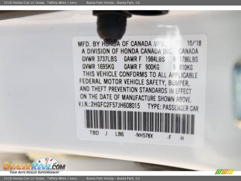 2018 Honda Civic LX Sedan Taffeta White / Ivory Photo #36