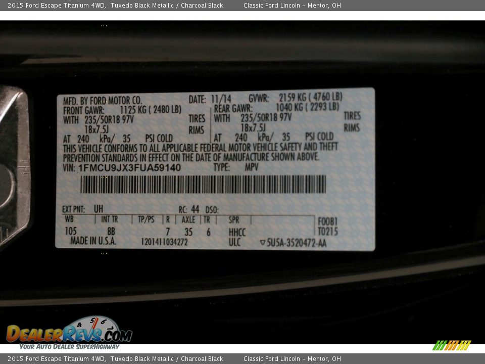 2015 Ford Escape Titanium 4WD Tuxedo Black Metallic / Charcoal Black Photo #22