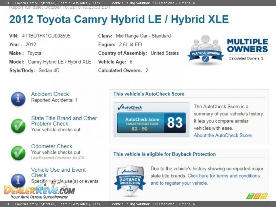 2012 Toyota Camry Hybrid LE Cosmic Gray Mica / Black Photo #2