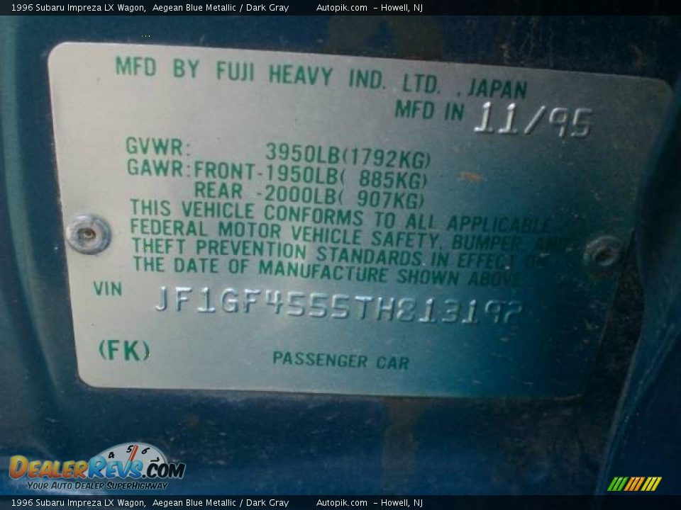 1996 Subaru Impreza LX Wagon Aegean Blue Metallic / Dark Gray Photo #17